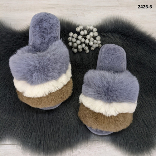 Тапочки женские меховые пушистые серо-голубые 2426-6