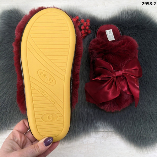 Тапочки жіночі хутряні домашні бордові з бантом штучний песець 2958-2