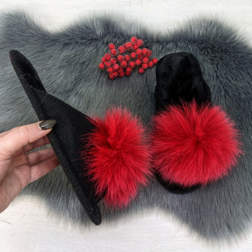 Капці жіночі повстяні для ламінату з натуральним хутром Slippers червоні 4243