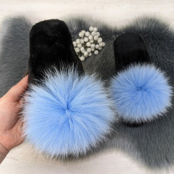 Капці жіночі повстяні для ламінату з натуральним хутром Slippers блакитні 4243