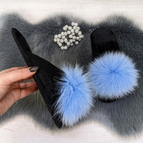 Тапочки женские войлочные для ламината с натуральным мехом Slippers голубые 4243