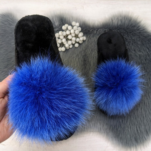 Тапочки женские войлочные для ламината с натуральным мехом Slippers синие 4243