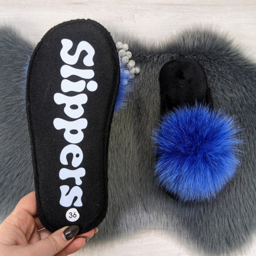 Тапочки женские войлочные для ламината с натуральным мехом Slippers синие 4243
