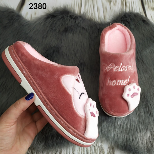 Тапочки женские домашние с котиками бордовые 2380_3
