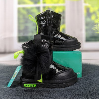 Сапоги дутики детские для девочки черные с меховым помпоном Paliament 1883