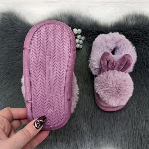 Тапочки детские домашние закрытые с меховой опушкой и ушками сиреневые 5203