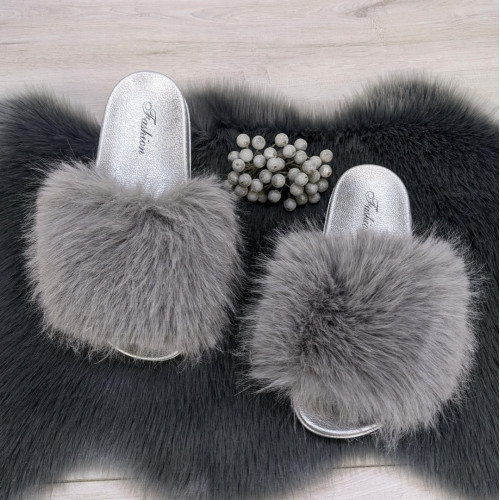 Шлепанцы женские меховые серые Fashion 2764_3