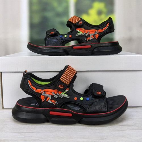 Дитячі босоніжки для хлопчика чорні з помаранчевим на липучках Lilin Shoes 5359