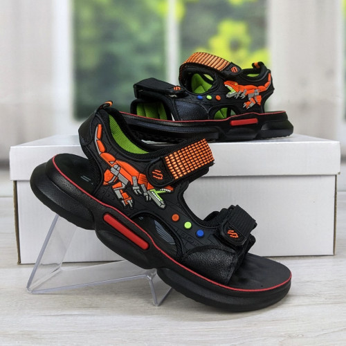 Дитячі босоніжки для хлопчика чорні з помаранчевим на липучках Lilin Shoes 5359