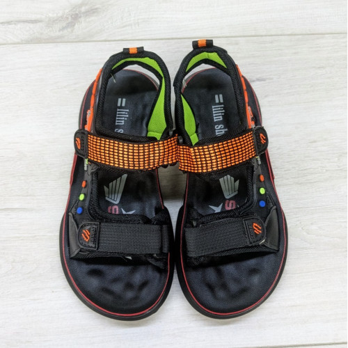 Дитячі босоніжки для хлопчика чорні з помаранчевим на липучках Lilin Shoes 5359