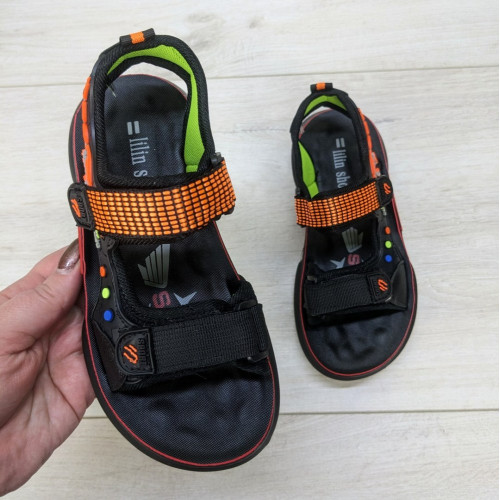 Дитячі босоніжки для хлопчика чорні з помаранчевим на липучках Lilin Shoes 5359