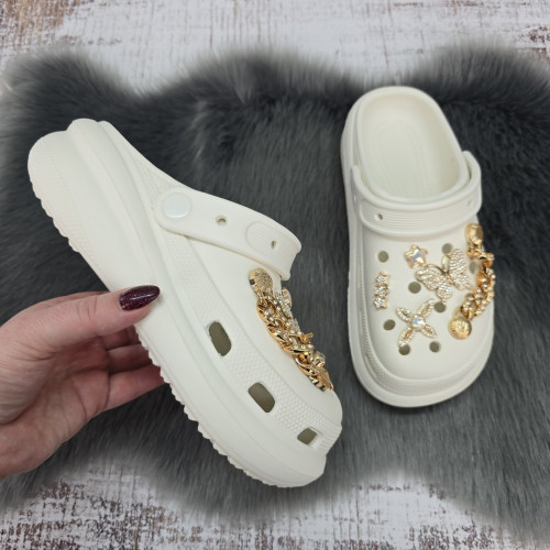 Кроксы женские Fashion белые с джибитсами на платформе 4765