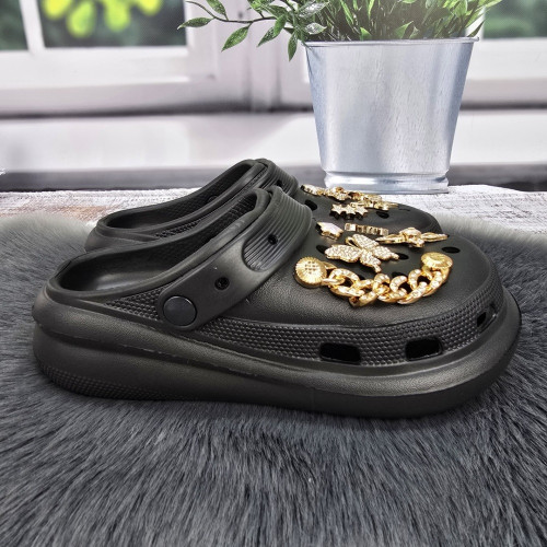 Кроксы женские Fashion черные с джибитсами на платформе 4765
