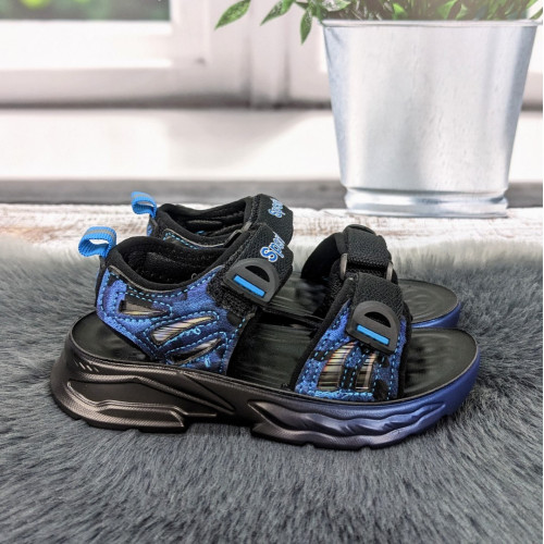 Босоніжки дитячі для хлопчика Kimboo чорні з синім відкриті на липучках 5807
