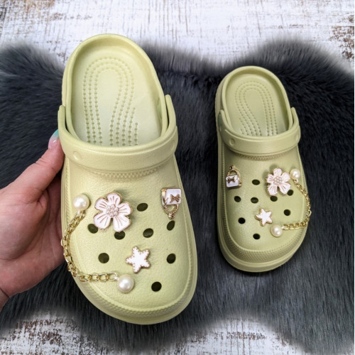 Крокси жіночі Fashion оливкові з джибітсами на об'ємній підошві 4849-2