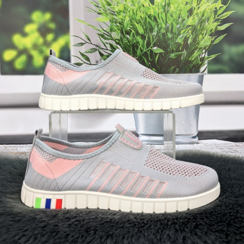 Мокасины женские Ok Shoes серые с розовым текстильные сетка 8002