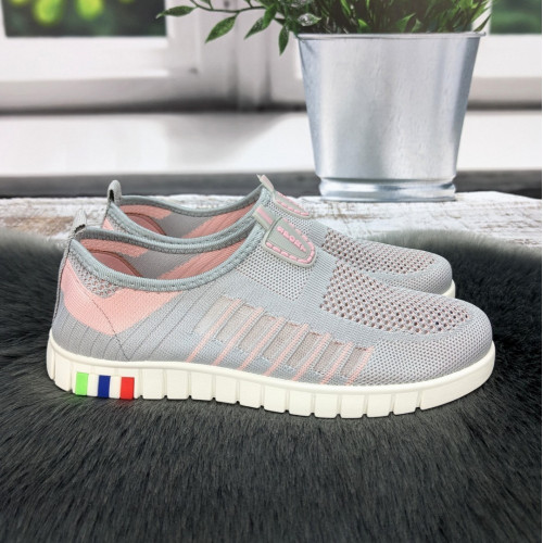 Мокасины женские Ok Shoes серые с розовым текстильные сетка 8002