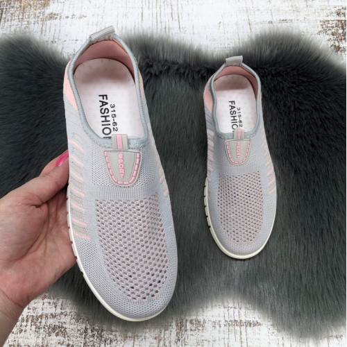 Мокасины женские Ok Shoes серые с розовым текстильные сетка 8002