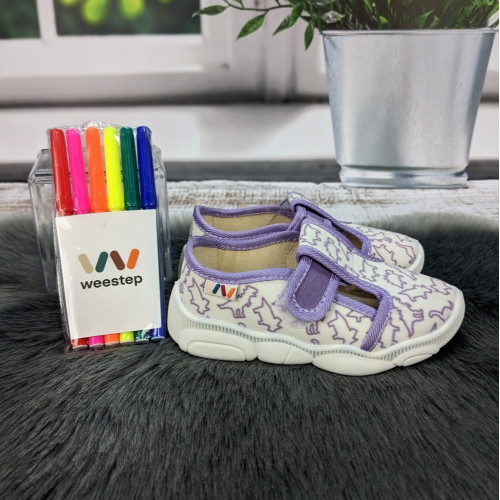 Тапочки дитячі для дівчинки Weestep бузкові з динозаврами на липучках 5875