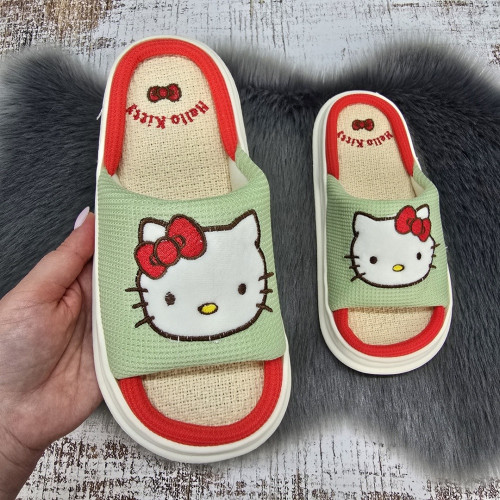 Тапочки женские Lion оливковые открытые текстильные с Kitty 8079