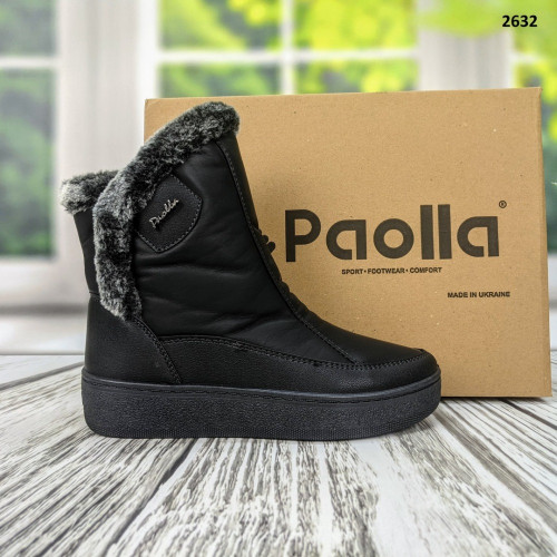Чоботи жіночі зимові короткі Paolla чорні на штучному хутрі блискавка збоку 2632