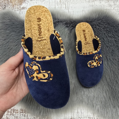 Тапочки женские для дома Inblu синие велюровые с пробковой стелькой на танкетке 8122