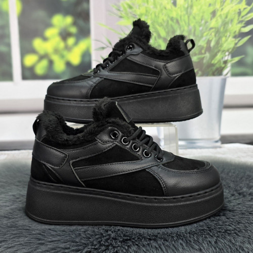Зимние женские ботинки LQD черные с искусственным мехом на платформе 8135