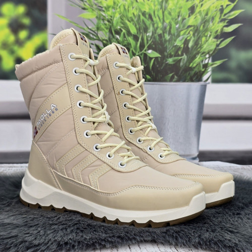 Черевики дутики жіночі Paolla бежеві зимові на шнурках та блискавці 8123