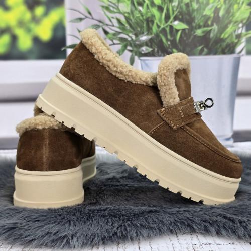 Жіночі зимові лофери ITTS коричневі з натуральної замші на хутрі 8204