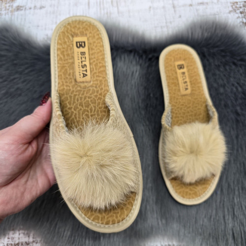 Тапочки жіночі Белста бежеві з хутряним помпоном та відкритим носком 2898-2