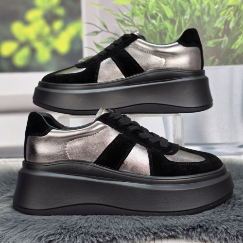 Кросівки жіночі Allsy чорні з бронзовим шкіряні на шнурках 8307