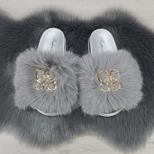 Шльопанці жіночі хутряні сірі Fashion 2764_5