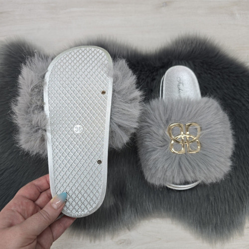 Шльопанці жіночі хутряні сірі Fashion 2764_5