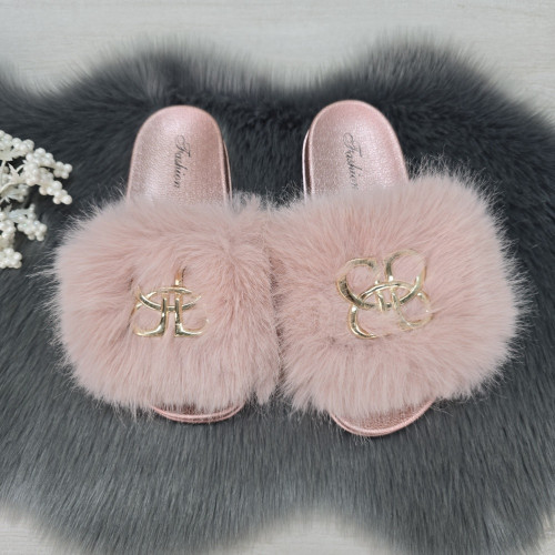 Шльопанці жіночі хутряні пудрові Fashion 2764_5