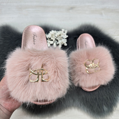 Шльопанці жіночі хутряні пудрові Fashion 2764_5