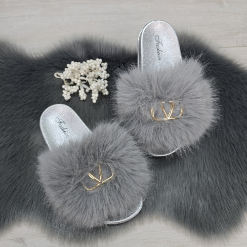 Шльопанці жіночі хутряні сірі Fashion 2764_6