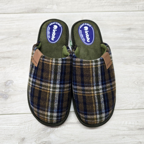 Тапочки чоловічі Inblu теплі коричневі в клітинку із закритим носком 6183
